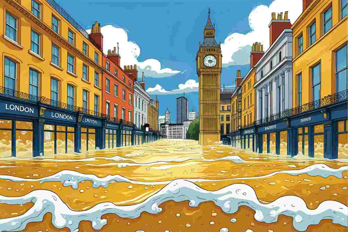 immagine grafica di uno tsunami di birra che sommerge londra