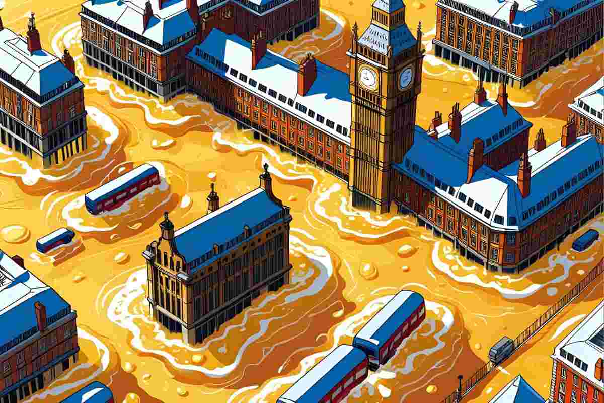 immagine grafica di uno tsunami di birra che sommerge londra visto dall'alto